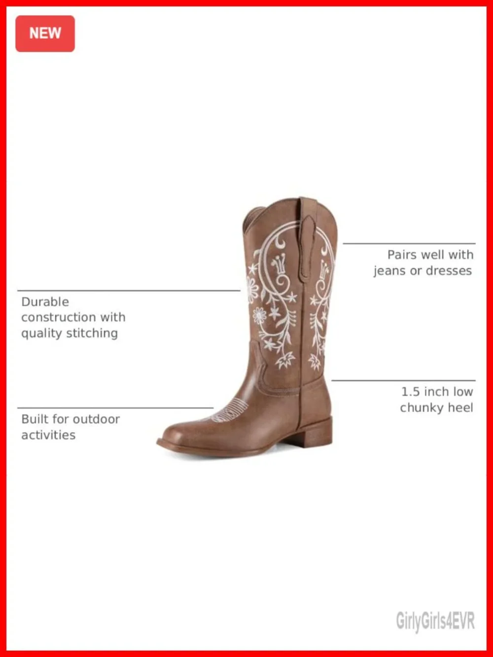Women's Mid-Calf Cowboy Boots Square Toe Pull-On Low Chunky Heel PU Embroidery